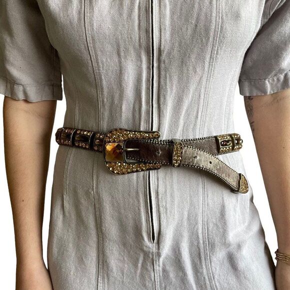 Womens Western Brown Gemstone Cowhide Sparkly Rodeo Cowgirl Leather Belt Sz XL - Picture 1 of 10